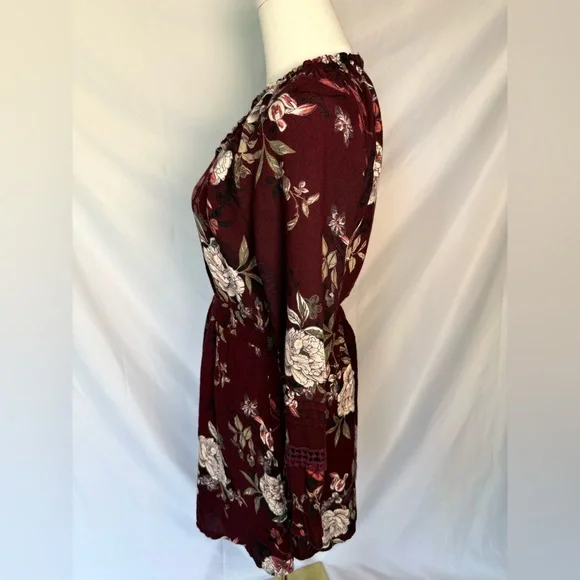 American Rag Burgundy Floral Long Sleeve Smocked Waist Mini Dress Peasant Boho - Picture 5 of 11